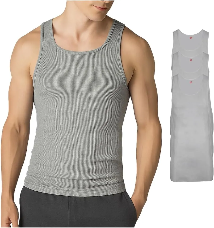 Hanes Mens Tall 100% Cotton Ribbed Tank Tagless Undershirts, Multipack