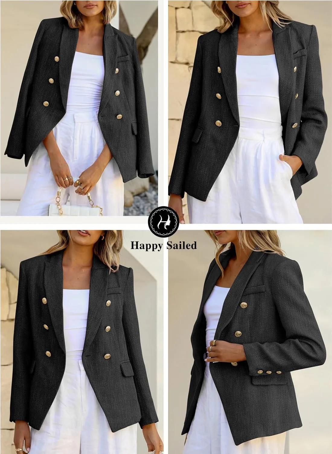 Happy Sailed Womens Tweed Blazers Casual Long Sleeve Double Breasted Open Front Blazer Jackets Work Suits