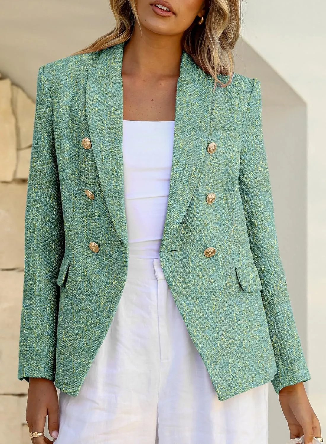 Happy Sailed Womens Tweed Blazers Casual Long Sleeve Double Breasted Open Front Blazer Jackets Work Suits