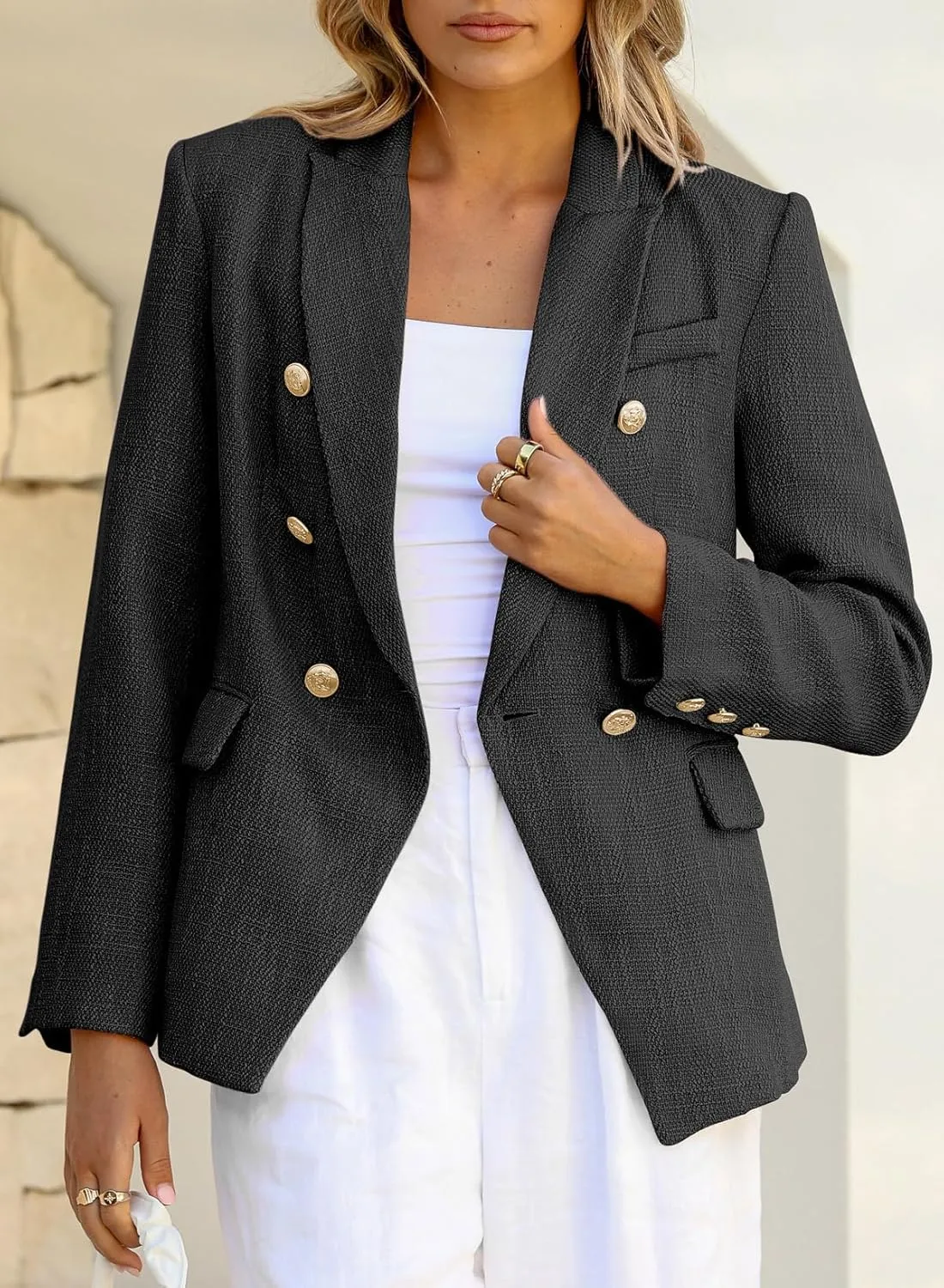 Happy Sailed Womens Tweed Blazers Casual Long Sleeve Double Breasted Open Front Blazer Jackets Work Suits