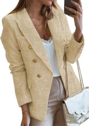 Happy Sailed Womens Tweed Blazers Casual Long Sleeve Double Breasted Open Front Blazer Jackets Work Suits