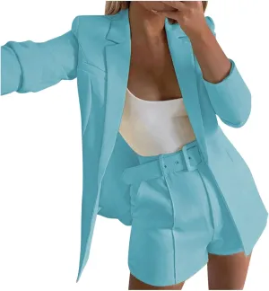 hlysgo 2 Piece Outfits for Women Long Sleeve Solid Open Front Blazer Shorts with Belt Business Casual Elegant Suit Sets