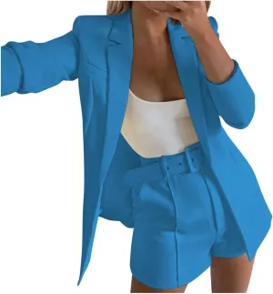 hlysgo 2 Piece Outfits for Women Long Sleeve Solid Open Front Blazer Shorts with Belt Business Casual Elegant Suit Sets