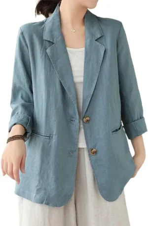 IDEALSANXUN Cotton Linen Blazer for Women Spring Summer Long Sleeve Lightweight Business Casual Jackets Tops