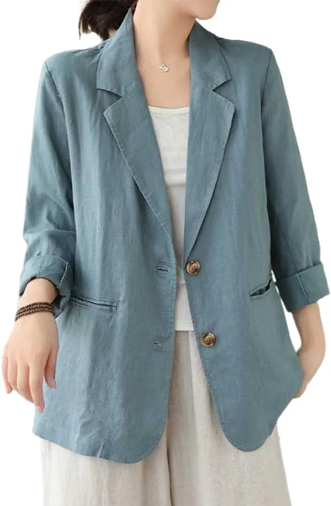 IDEALSANXUN Cotton Linen Blazer for Women Spring Summer Long Sleeve Lightweight Business Casual Jackets Tops