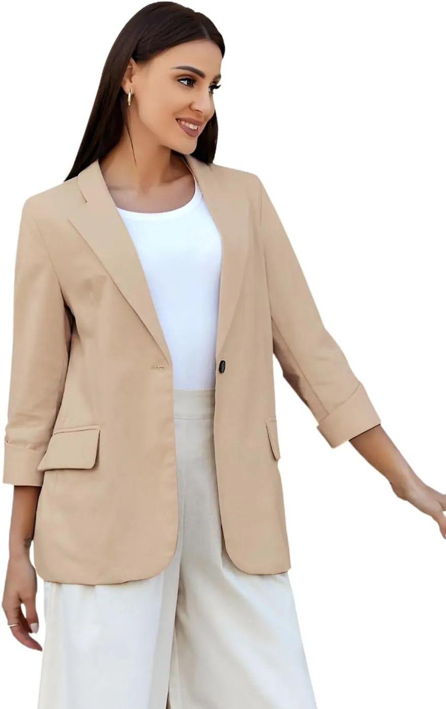 IDEALSANXUN Womens Linen Blazer Notch Lapel One Button Suit Coat Jackets