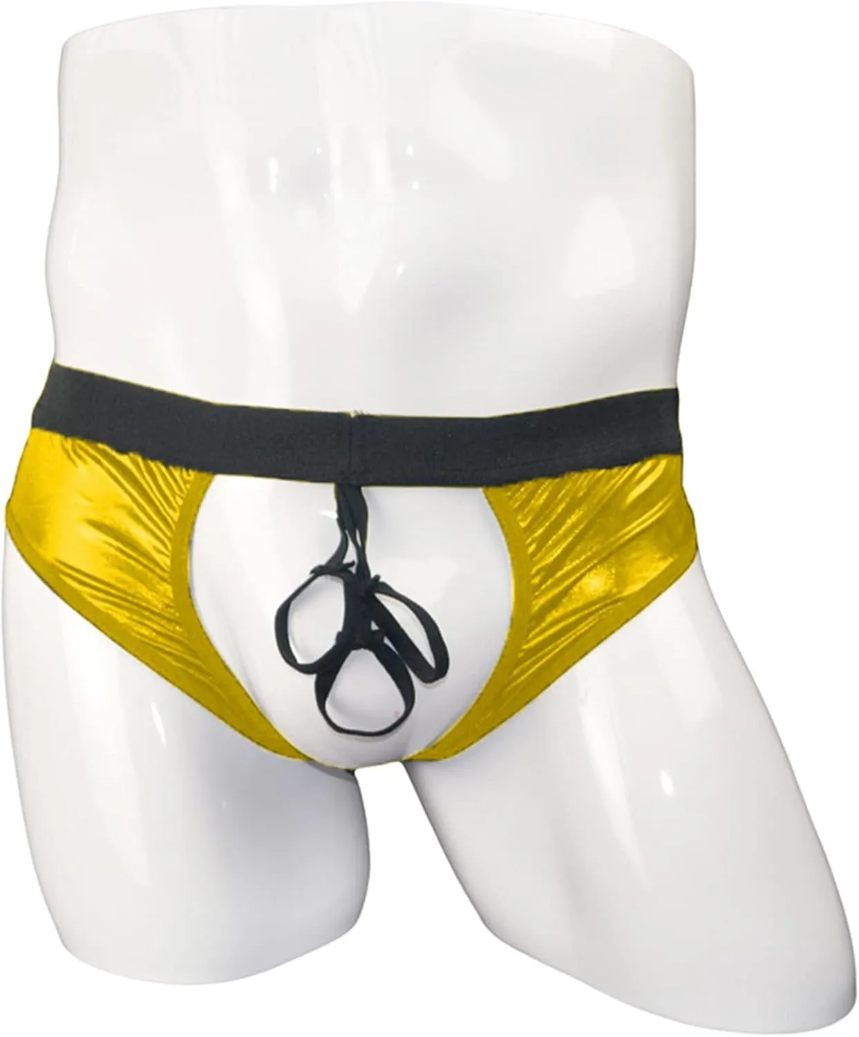 JEsilunmaMY Mens Open Front Briefs Sexy Hollow Out Jockstrap Bikini Panties Mid Waist Cutout Leather Underwear Lingerie
