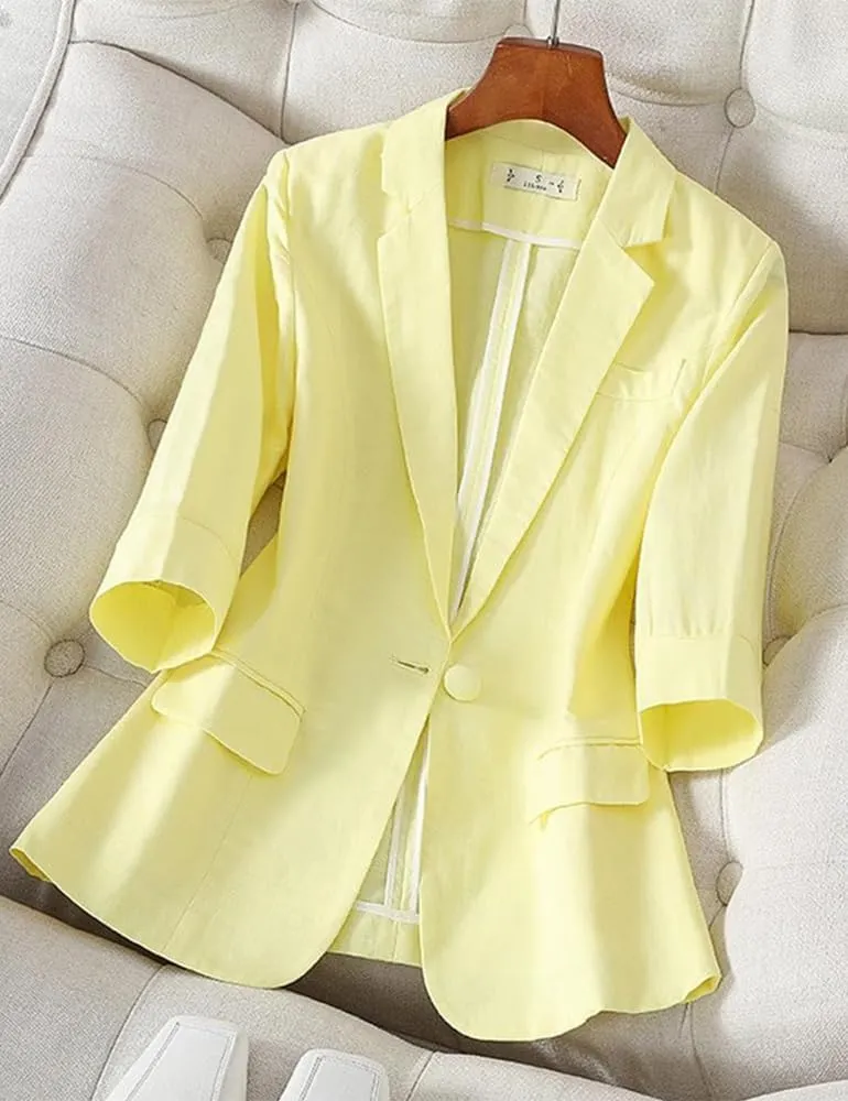 Kinghua Womens Linen Blazer Spring Summer Casual One Button Lapel Half Sleeve Business Work Linen Blazers Suit Jackets