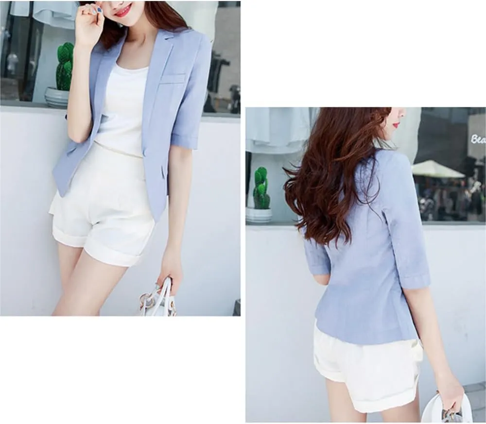 Kinghua Womens Linen Blazer Spring Summer Casual One Button Lapel Half Sleeve Business Work Linen Blazers Suit Jackets