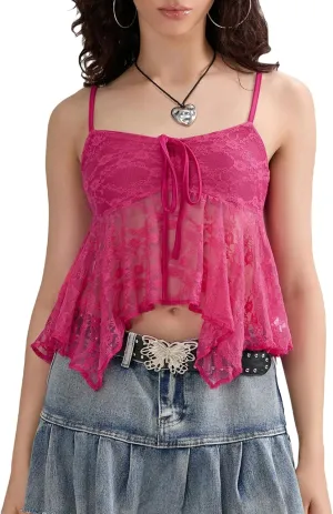 Lace Babydoll Cami Top for Women Sexy Spaghetti Straps Camisoles Empire Waist Semi Sheer Flowy Bodice Tank Tops