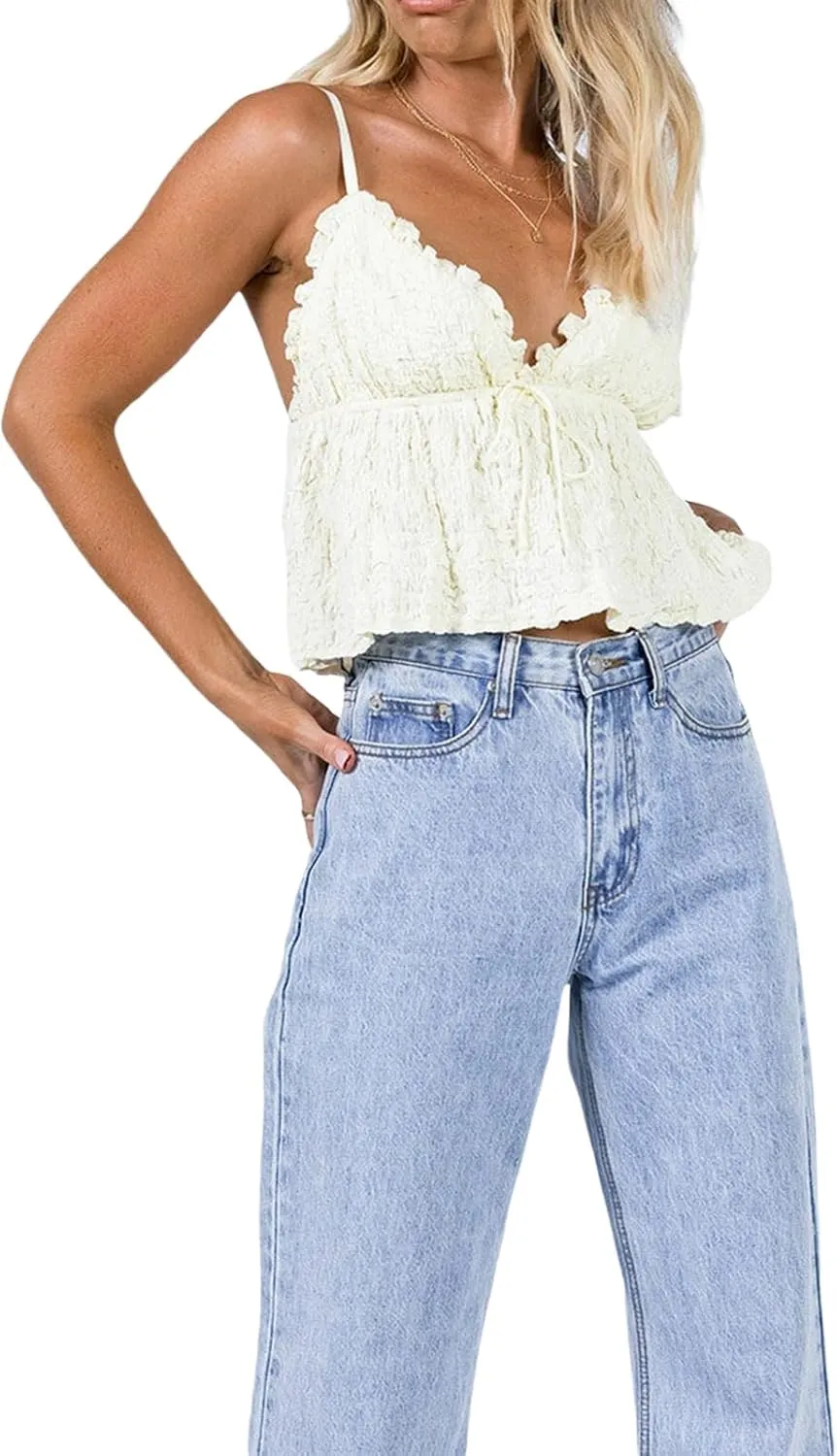 Lace Babydoll Cami Top for Women Sexy Spaghetti Straps Camisoles Empire Waist Semi Sheer Flowy Bodice Tank Tops