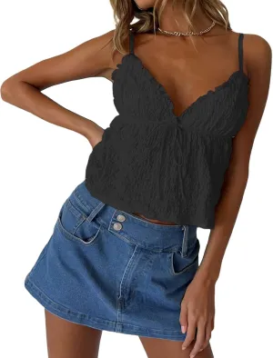 Lace Babydoll Cami Top for Women Sexy Spaghetti Straps Camisoles Empire Waist Semi Sheer Flowy Bodice Tank Tops