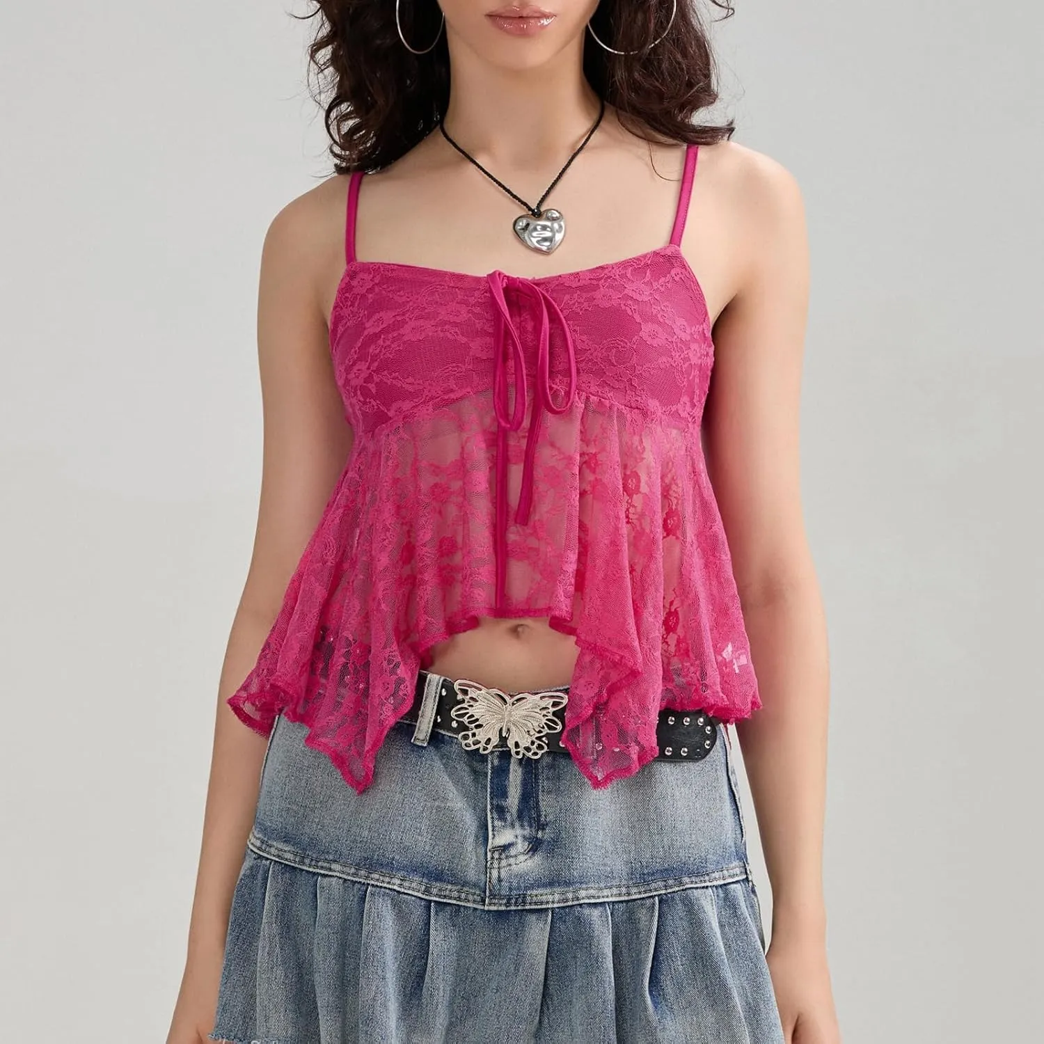 Lace Babydoll Cami Top for Women Sexy Spaghetti Straps Camisoles Empire Waist Semi Sheer Flowy Bodice Tank Tops