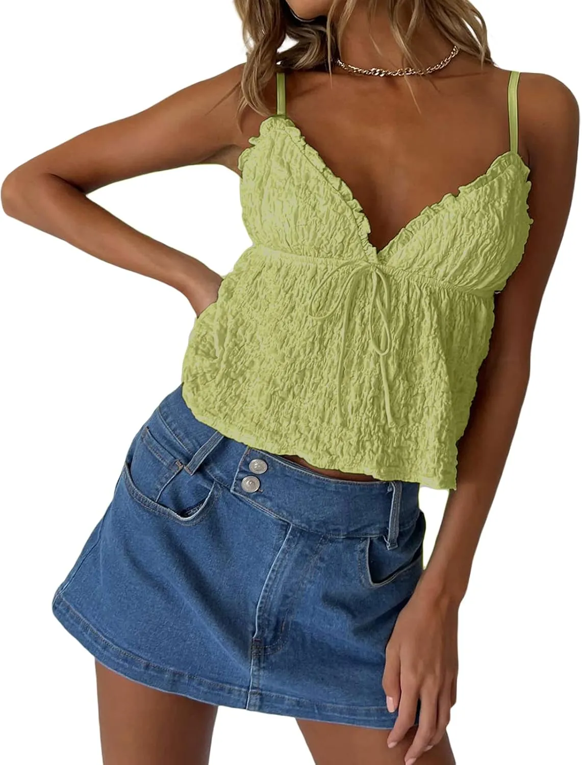Lace Babydoll Cami Top for Women Sexy Spaghetti Straps Camisoles Empire Waist Semi Sheer Flowy Bodice Tank Tops