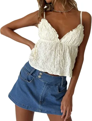 Lace Babydoll Cami Top for Women Sexy Spaghetti Straps Camisoles Empire Waist Semi Sheer Flowy Bodice Tank Tops