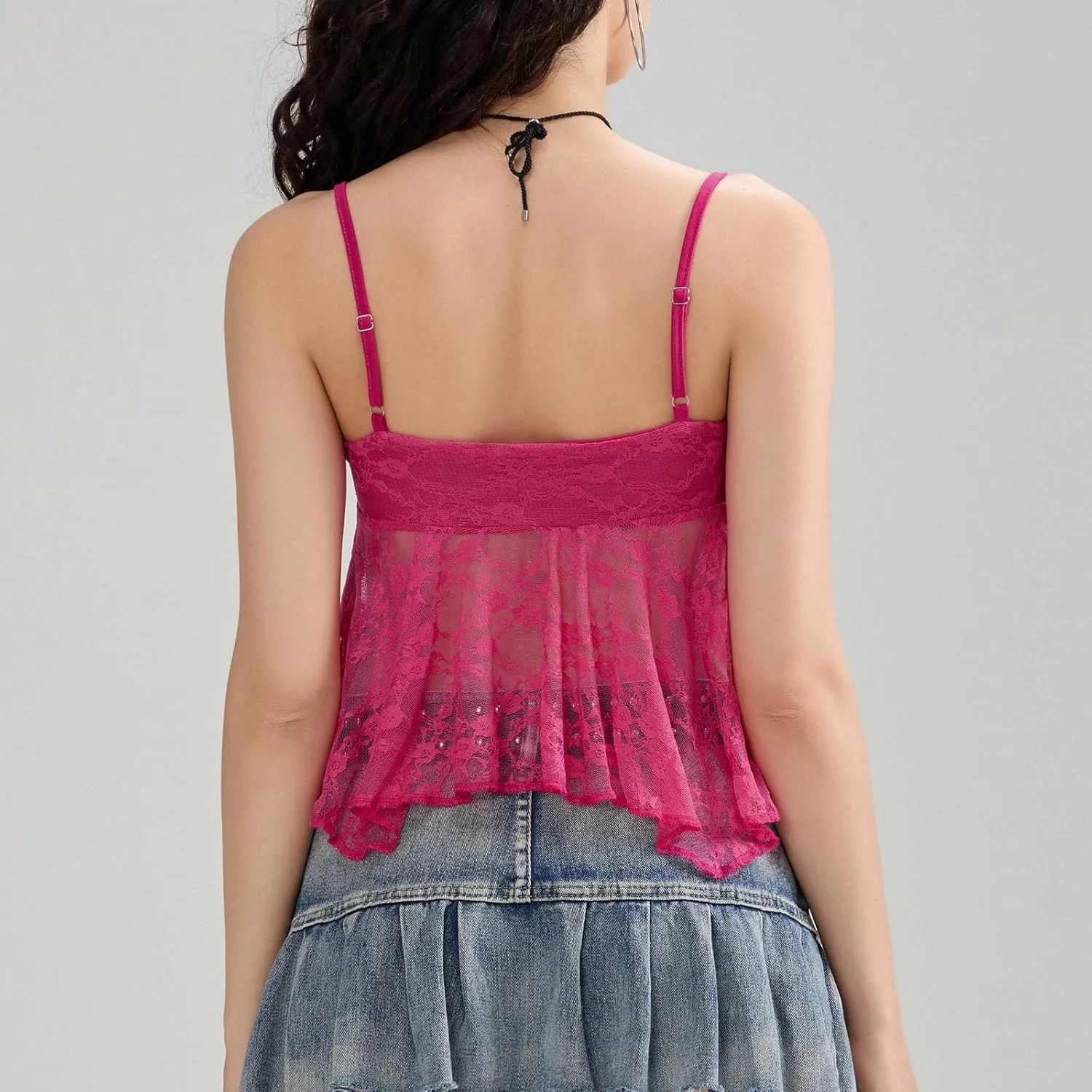 Lace Babydoll Cami Top for Women Sexy Spaghetti Straps Camisoles Empire Waist Semi Sheer Flowy Bodice Tank Tops