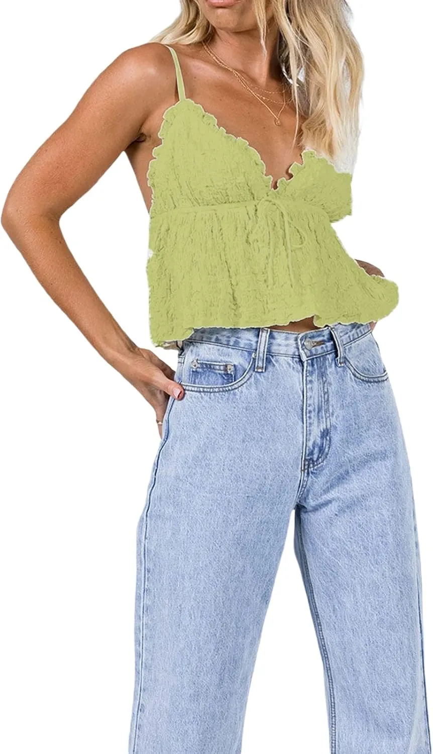 Lace Babydoll Cami Top for Women Sexy Spaghetti Straps Camisoles Empire Waist Semi Sheer Flowy Bodice Tank Tops