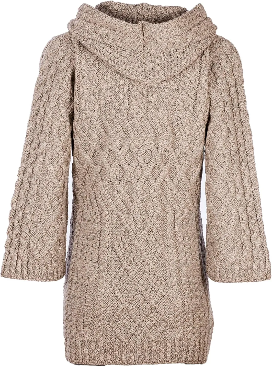 Ladies - Merino Wool - Irish Knit - Buttons Long Cardigan for Women with Hood and Front Pockets Made in Ireland