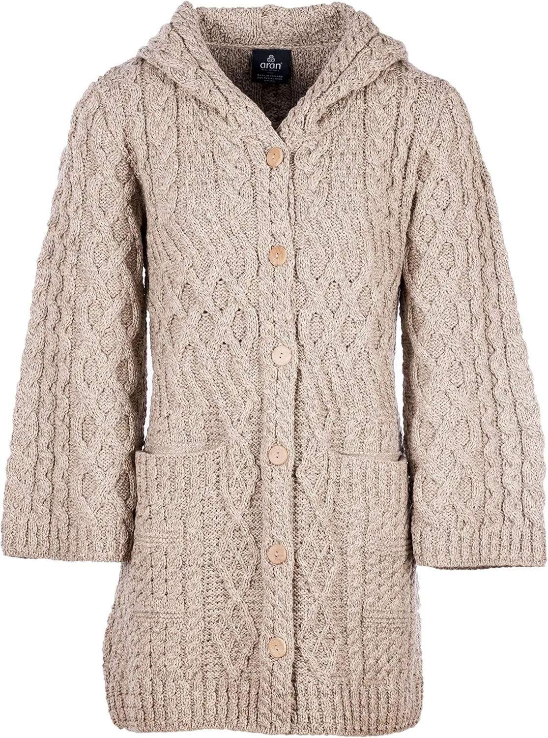 Ladies - Merino Wool - Irish Knit - Buttons Long Cardigan for Women with Hood and Front Pockets Made in Ireland