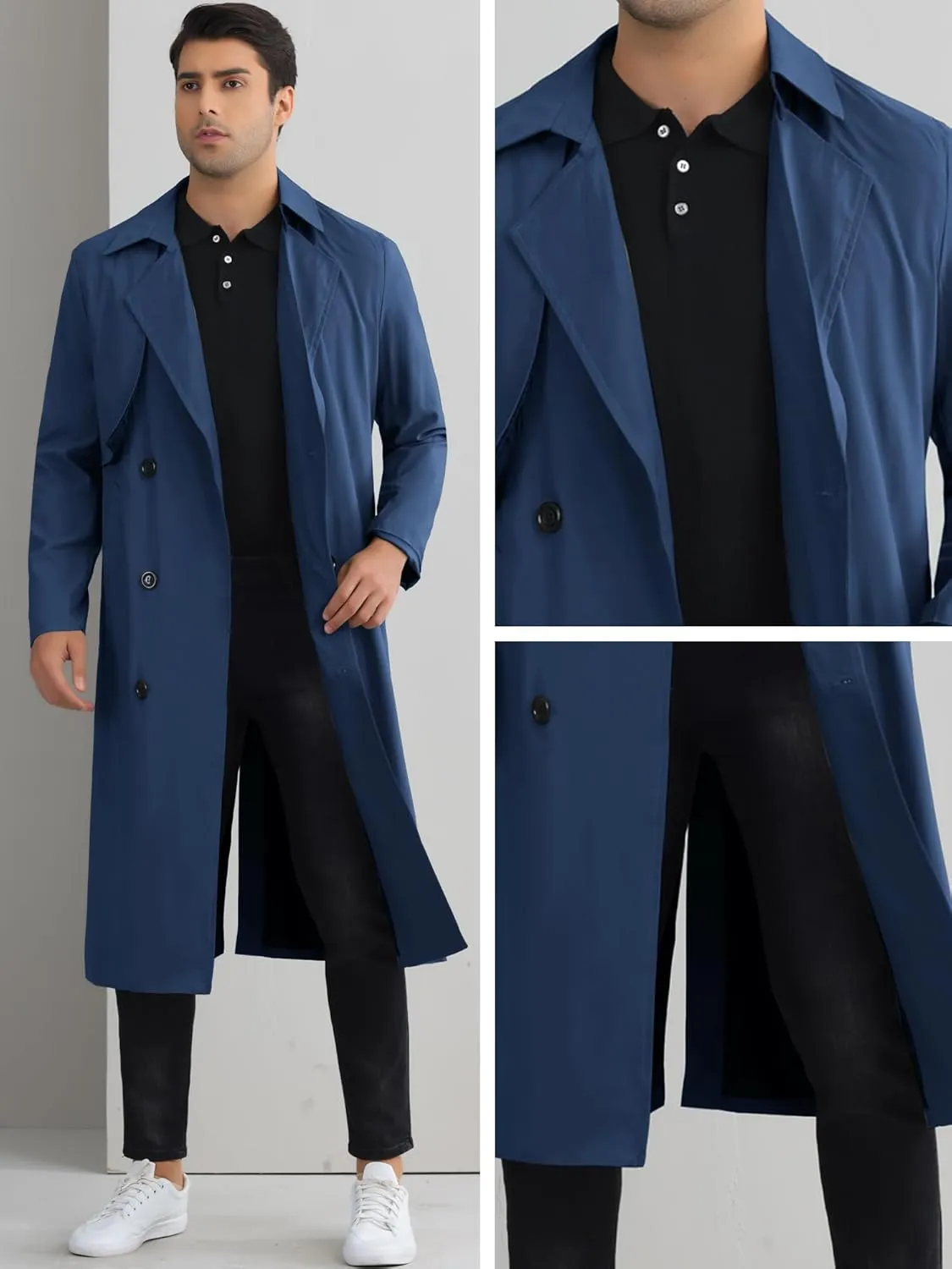 Lars Amadeus Double Breasted Trench Coat for Men's Winter Long Coat with Belt