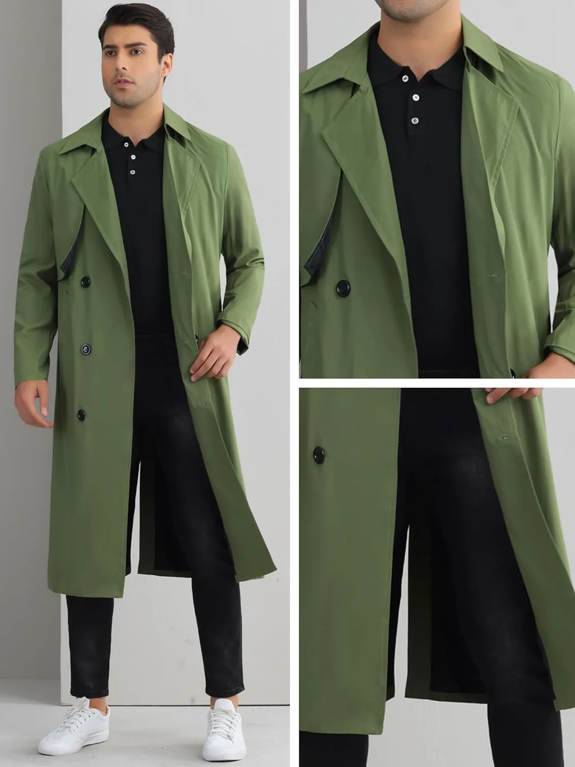 Lars Amadeus Double Breasted Trench Coat for Men's Winter Long Coat with Belt