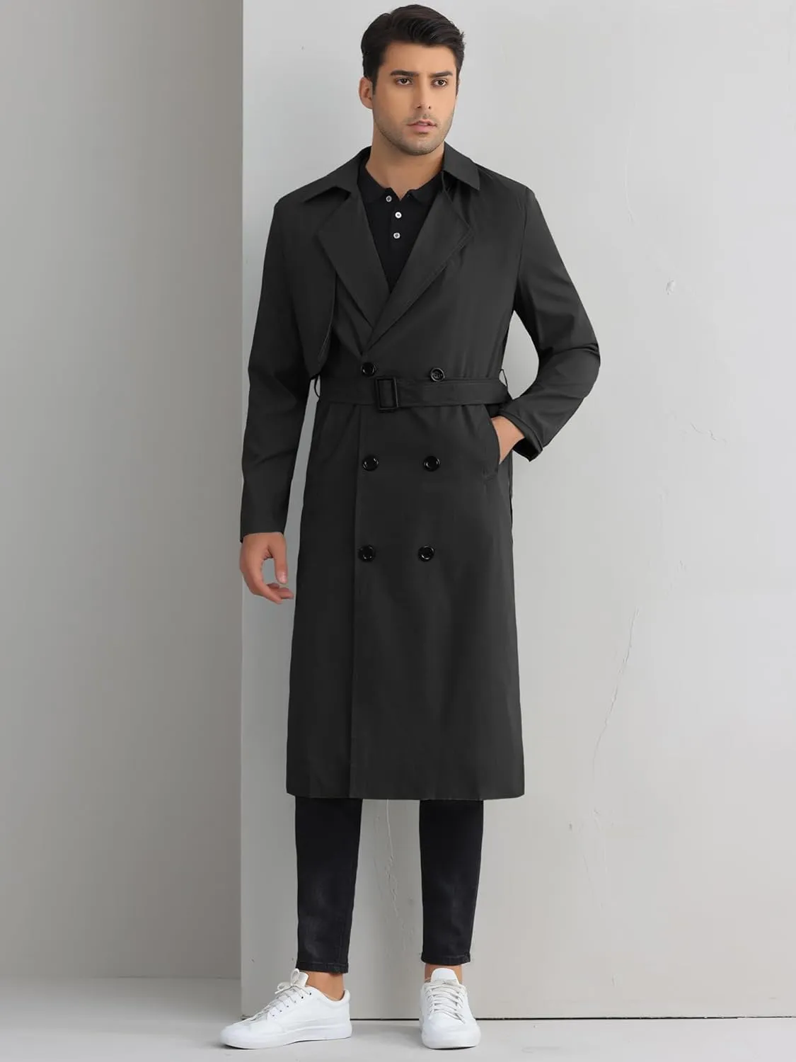 Lars Amadeus Double Breasted Trench Coat for Men's Winter Long Coat with Belt