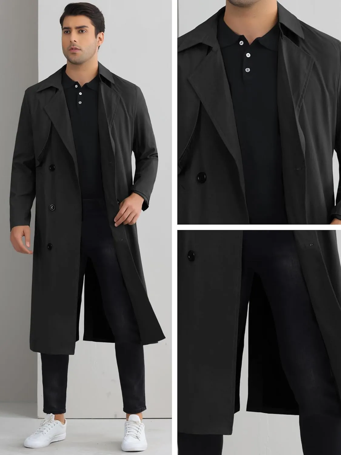 Lars Amadeus Double Breasted Trench Coat for Men's Winter Long Coat with Belt