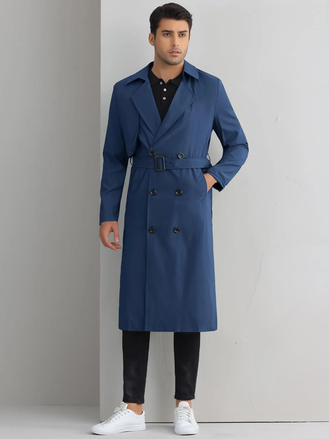 Lars Amadeus Double Breasted Trench Coat for Men's Winter Long Coat with Belt