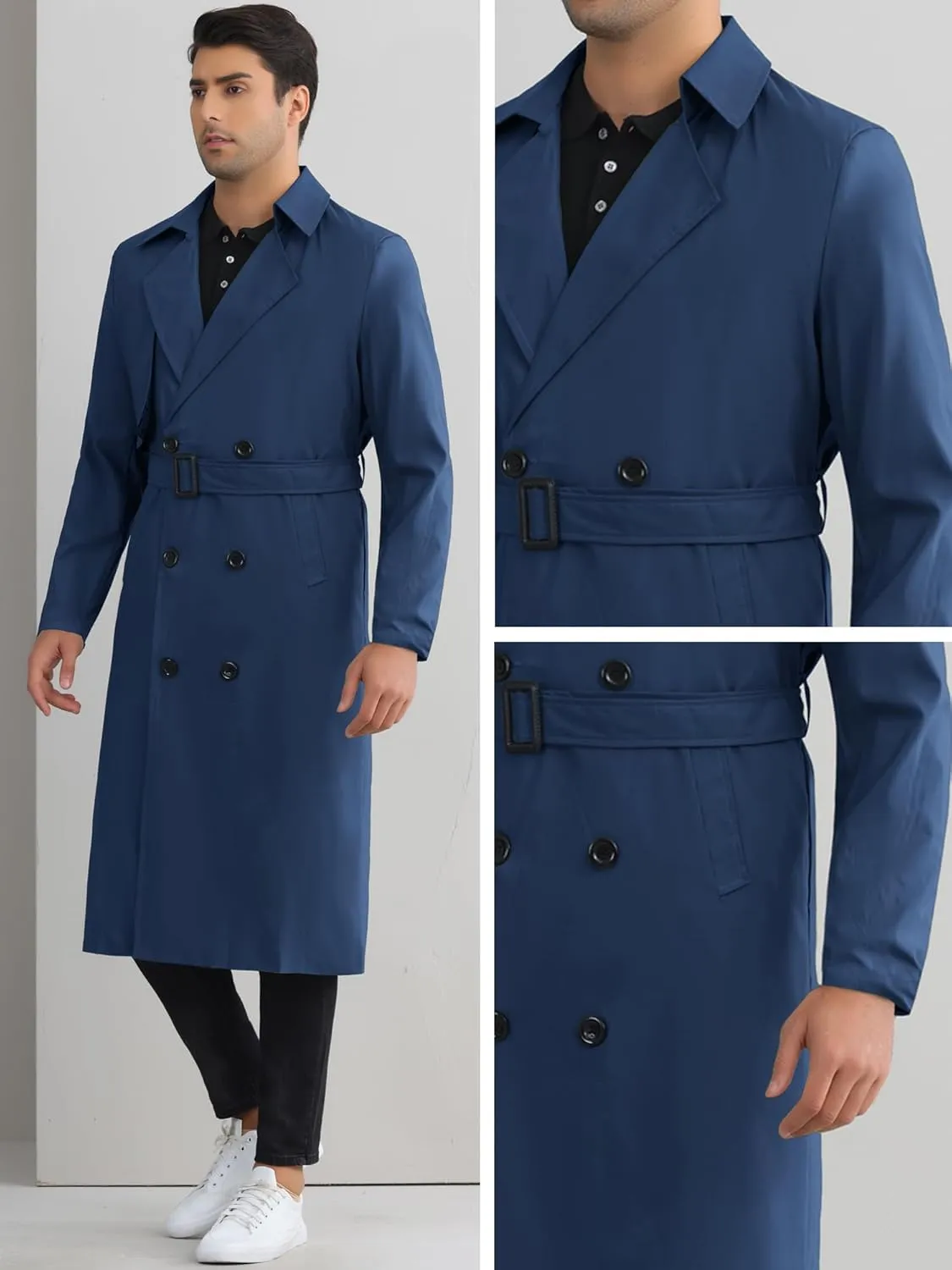 Lars Amadeus Double Breasted Trench Coat for Men's Winter Long Coat with Belt