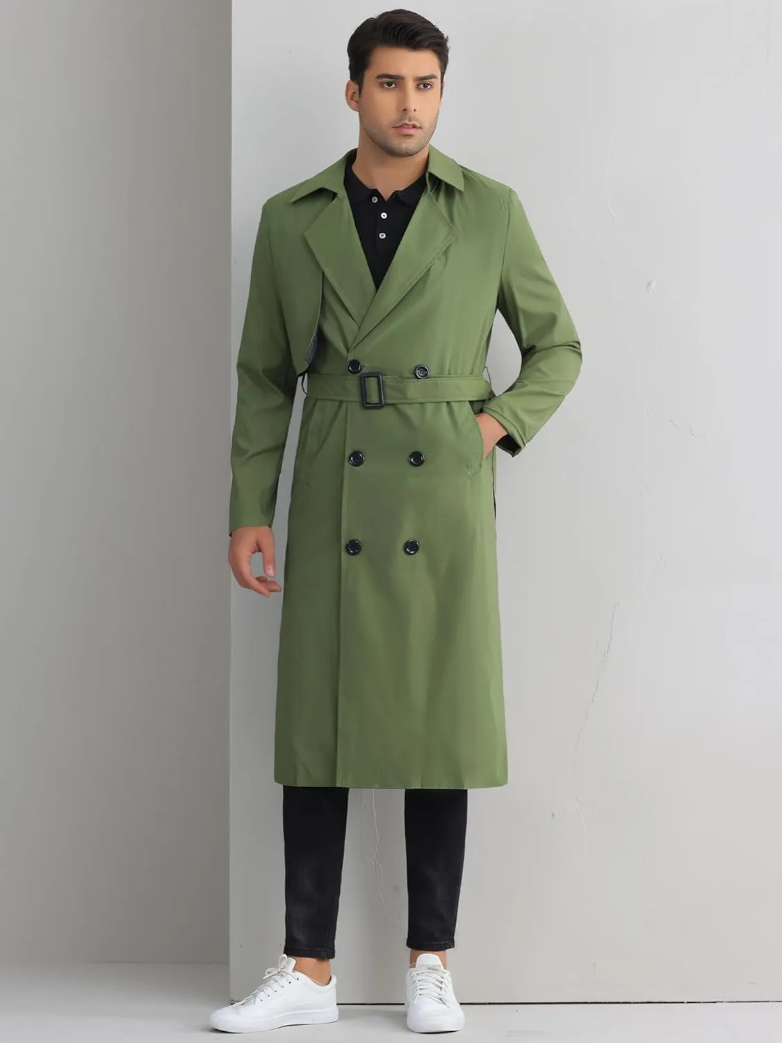 Lars Amadeus Double Breasted Trench Coat for Men's Winter Long Coat with Belt