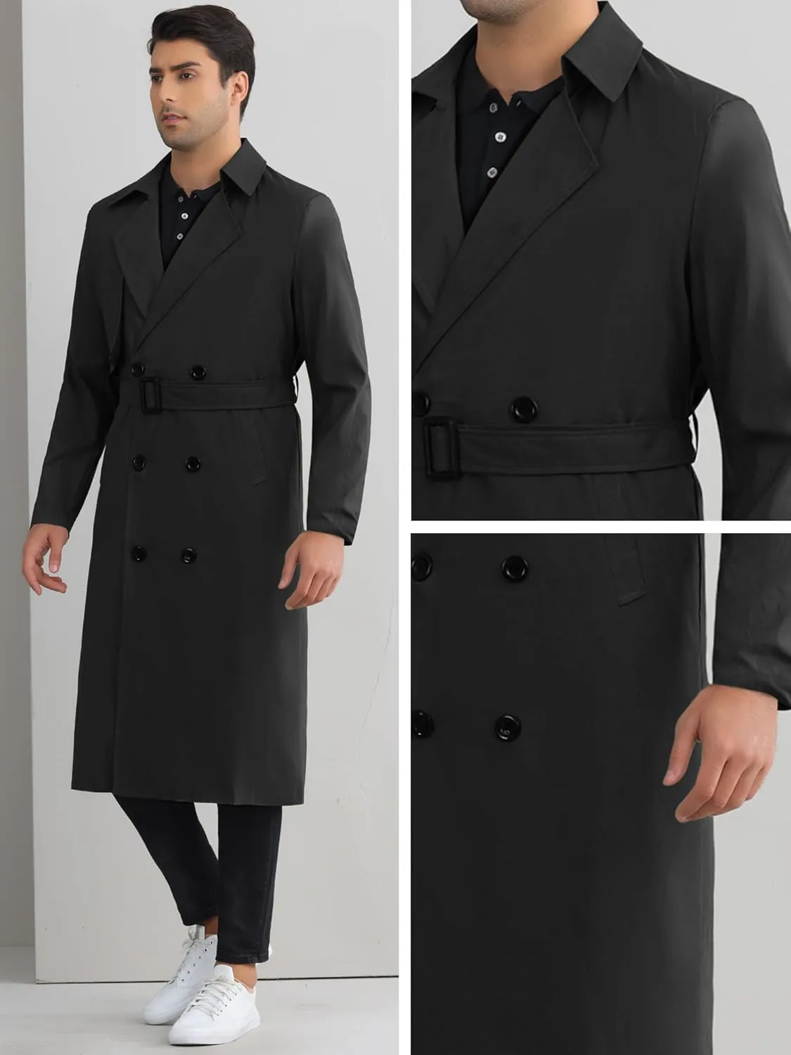 Lars Amadeus Double Breasted Trench Coat for Men's Winter Long Coat with Belt