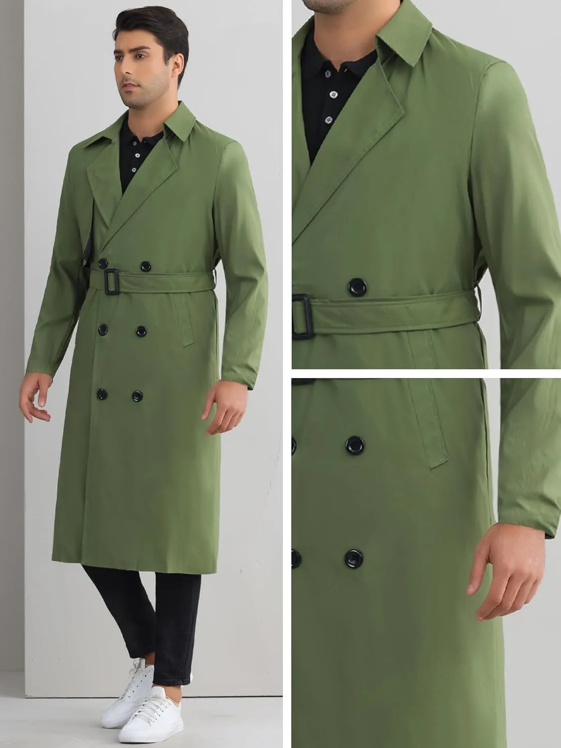 Lars Amadeus Double Breasted Trench Coat for Men's Winter Long Coat with Belt