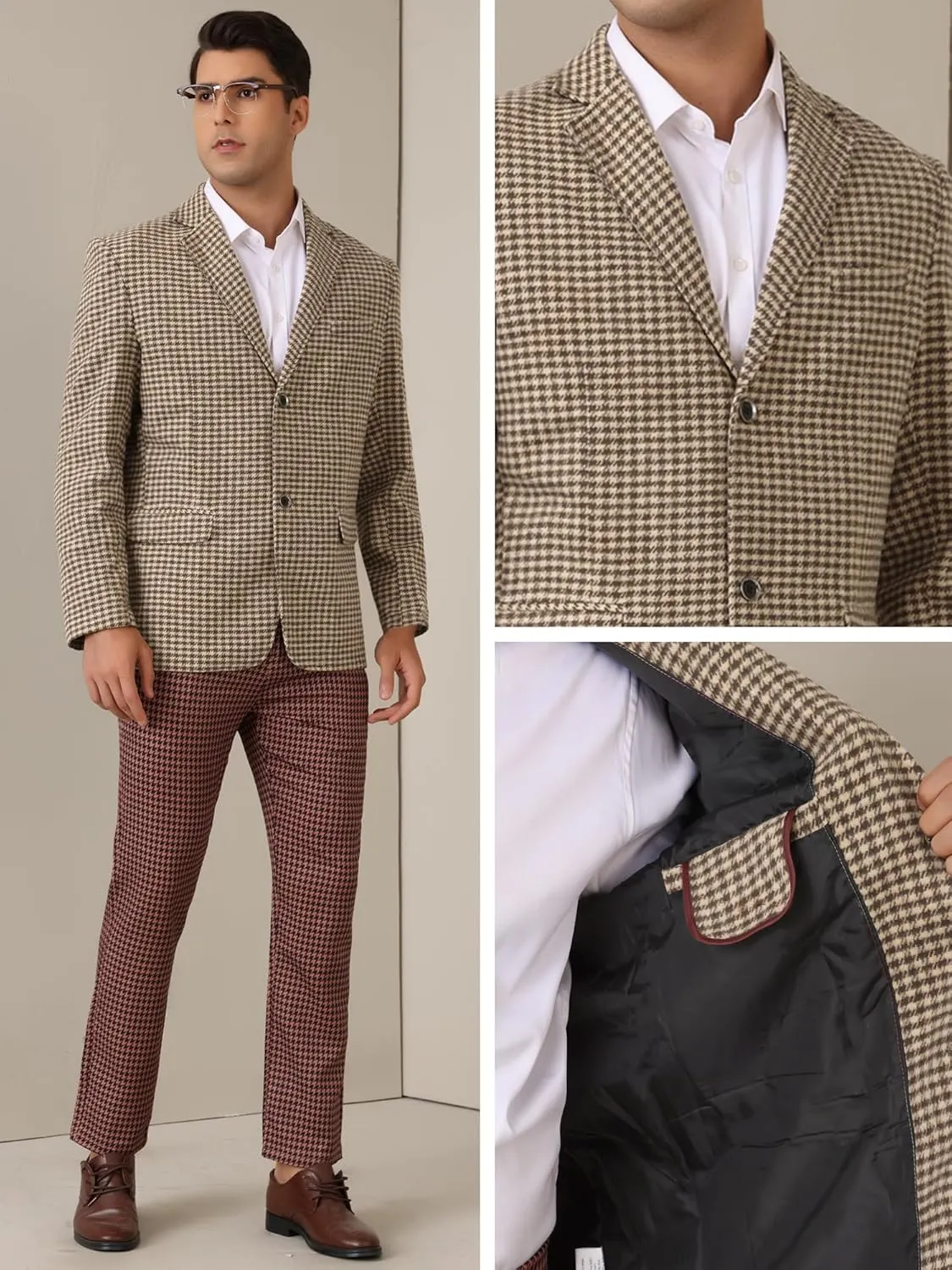Lars Amadeus Houndstooth Blazer for Men's Classic Fit Business Two Button Plaid Sports Coat