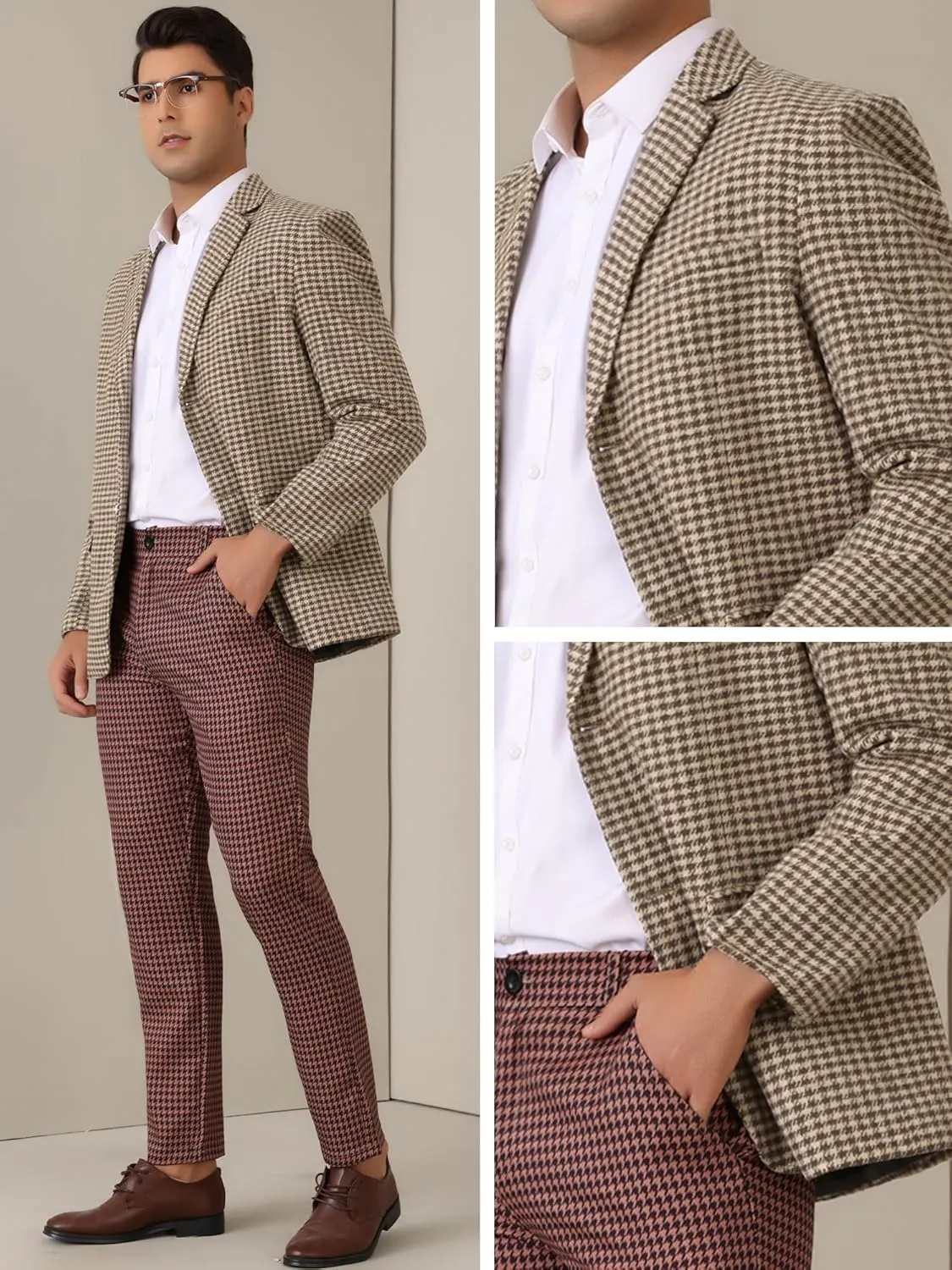 Lars Amadeus Houndstooth Blazer for Men's Classic Fit Business Two Button Plaid Sports Coat