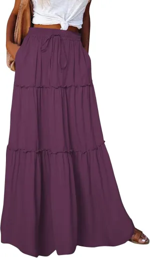 Long Skirts for Women Elegant Summer Boho Skirt Flowy Tiered Ruffle A Line Skirt Smocked Elastic Tie Waist Skirts