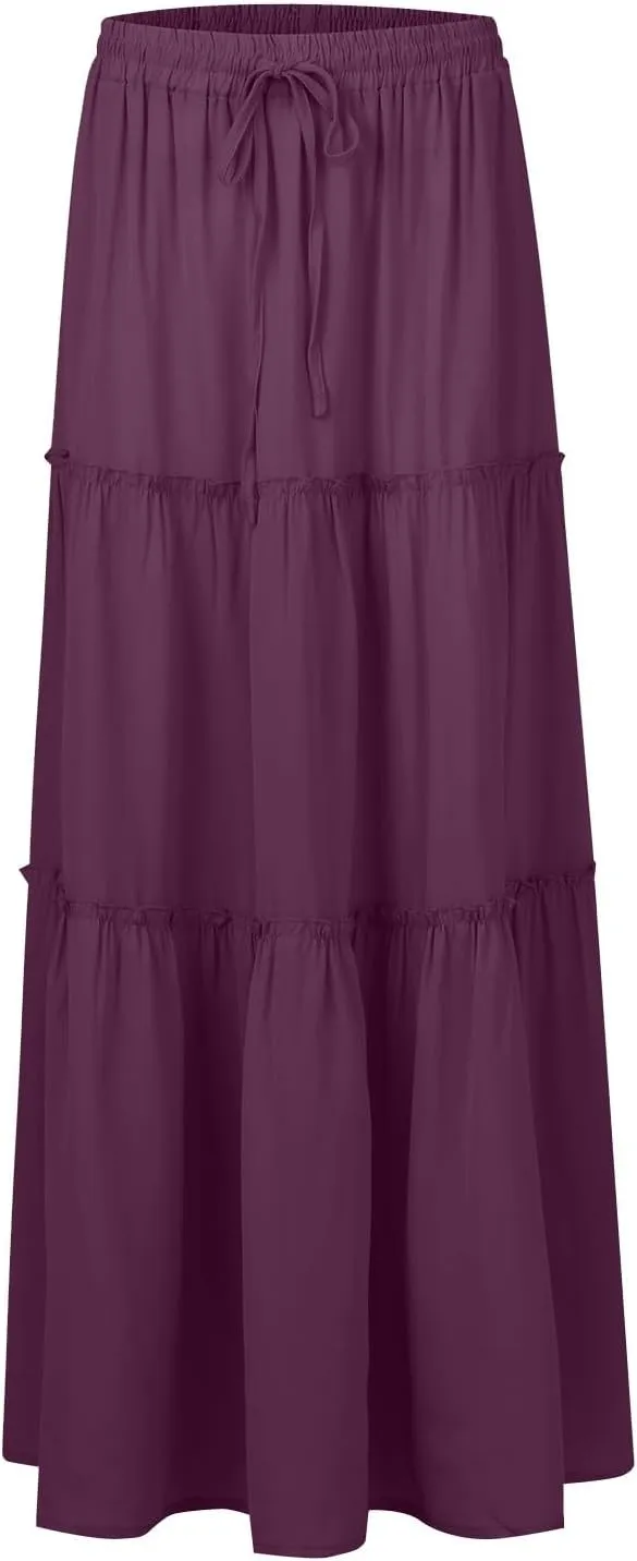 Long Skirts for Women Elegant Summer Boho Skirt Flowy Tiered Ruffle A Line Skirt Smocked Elastic Tie Waist Skirts