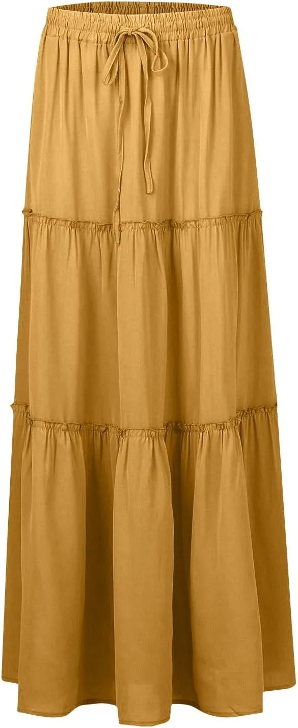 Long Skirts for Women Elegant Summer Boho Skirt Flowy Tiered Ruffle A Line Skirt Smocked Elastic Tie Waist Skirts