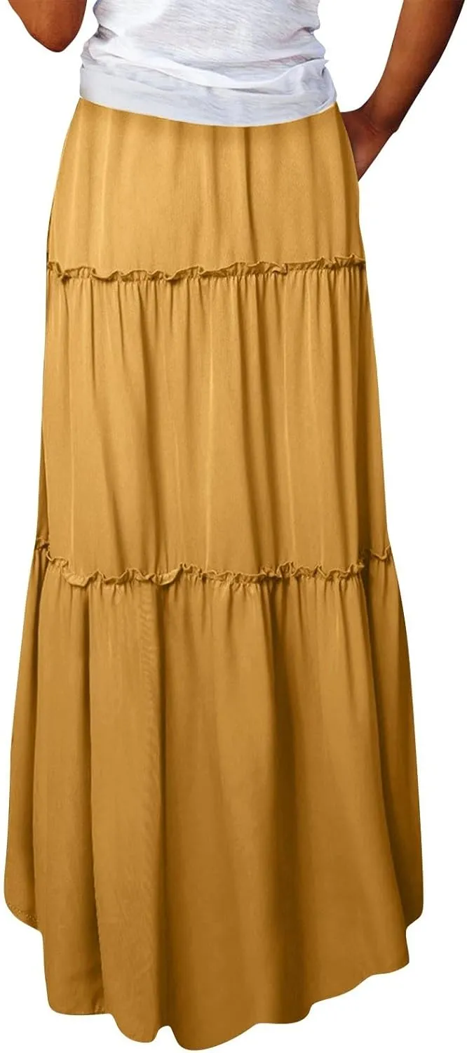Long Skirts for Women Elegant Summer Boho Skirt Flowy Tiered Ruffle A Line Skirt Smocked Elastic Tie Waist Skirts