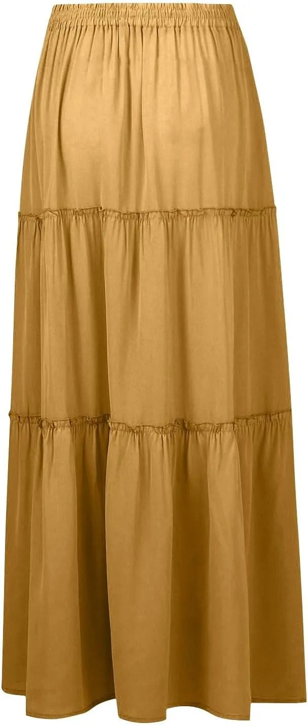 Long Skirts for Women Elegant Summer Boho Skirt Flowy Tiered Ruffle A Line Skirt Smocked Elastic Tie Waist Skirts