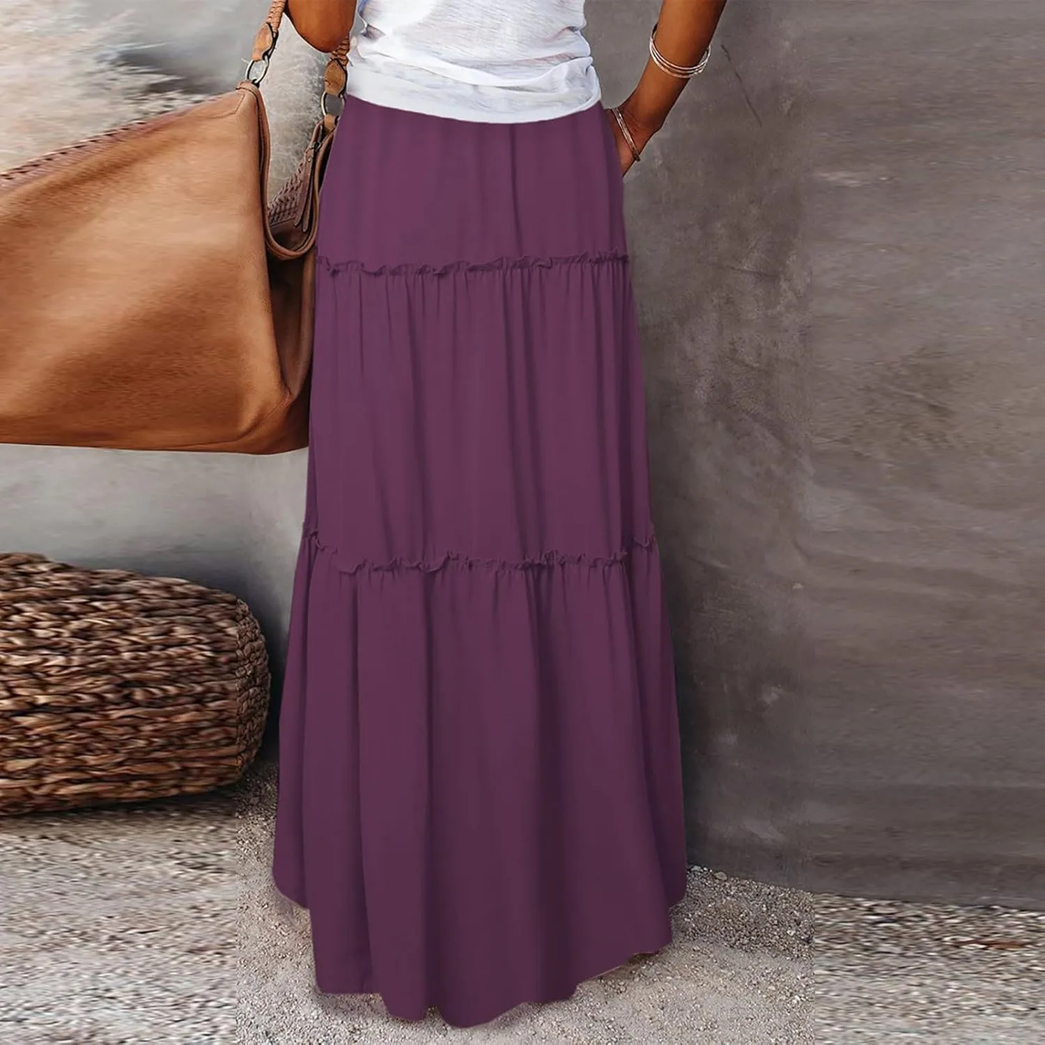 Long Skirts for Women Elegant Summer Boho Skirt Flowy Tiered Ruffle A Line Skirt Smocked Elastic Tie Waist Skirts