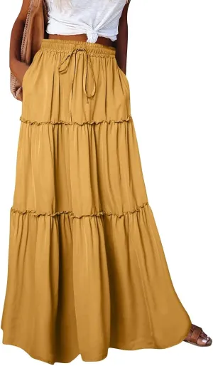 Long Skirts for Women Elegant Summer Boho Skirt Flowy Tiered Ruffle A Line Skirt Smocked Elastic Tie Waist Skirts