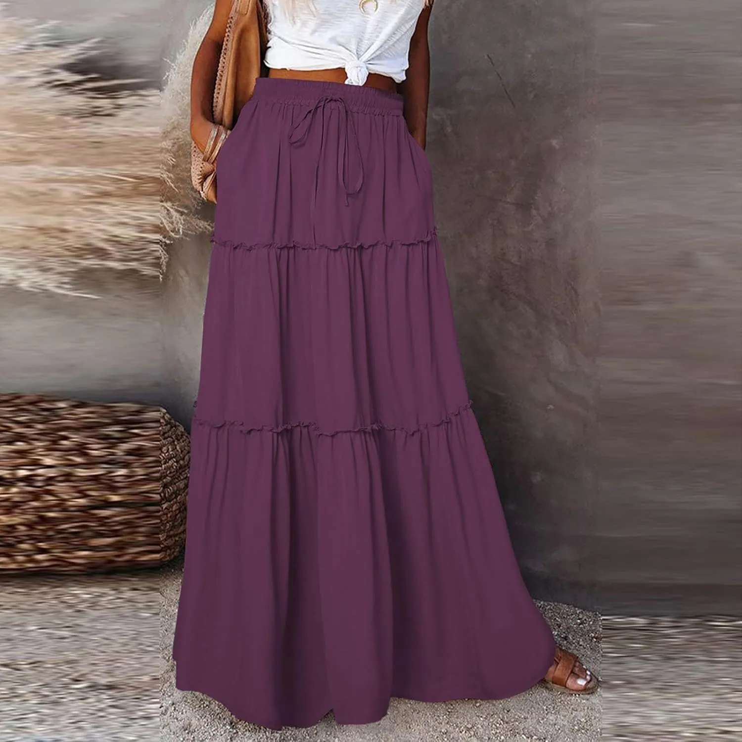 Long Skirts for Women Elegant Summer Boho Skirt Flowy Tiered Ruffle A Line Skirt Smocked Elastic Tie Waist Skirts