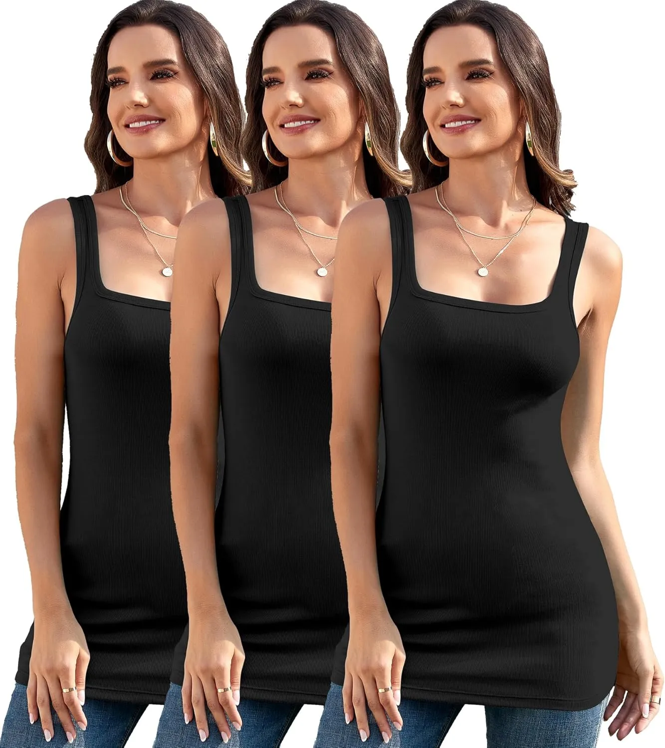 Long Tank Tops Cotton Ribbed Shirts Square Neck Camis Sleeveless Undershirts 2/3 Packs