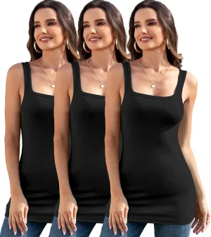 Long Tank Tops Cotton Ribbed Shirts Square Neck Camis Sleeveless Undershirts 2/3 Packs