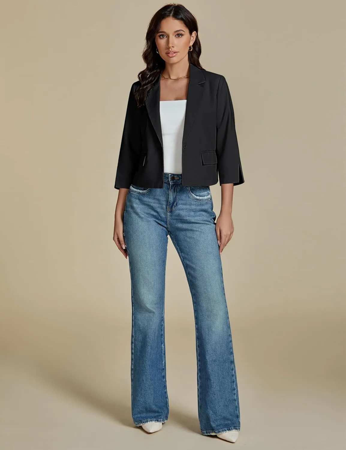 luvamia Linen Blazers for Women Business Casual Cropped 3/4 Sleeve Lightweight Lined Work Office Suit Blazer Jackets