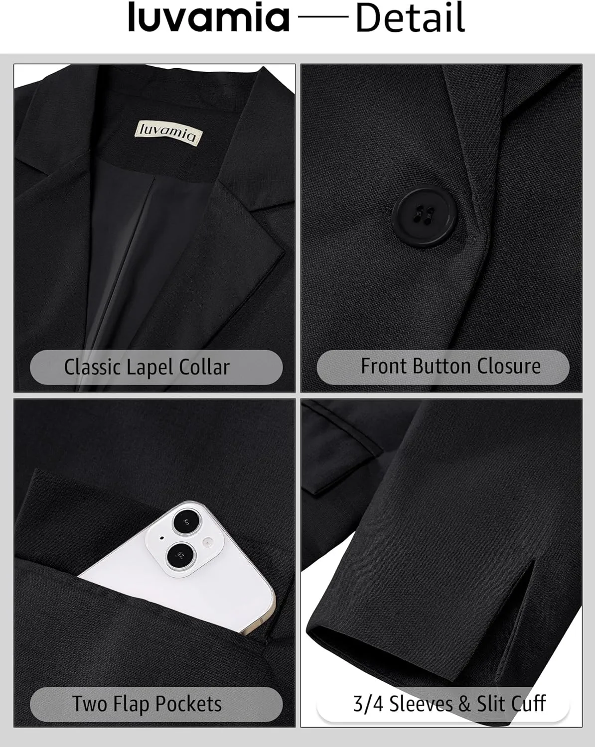 luvamia Linen Blazers for Women Business Casual Cropped 3/4 Sleeve Lightweight Lined Work Office Suit Blazer Jackets