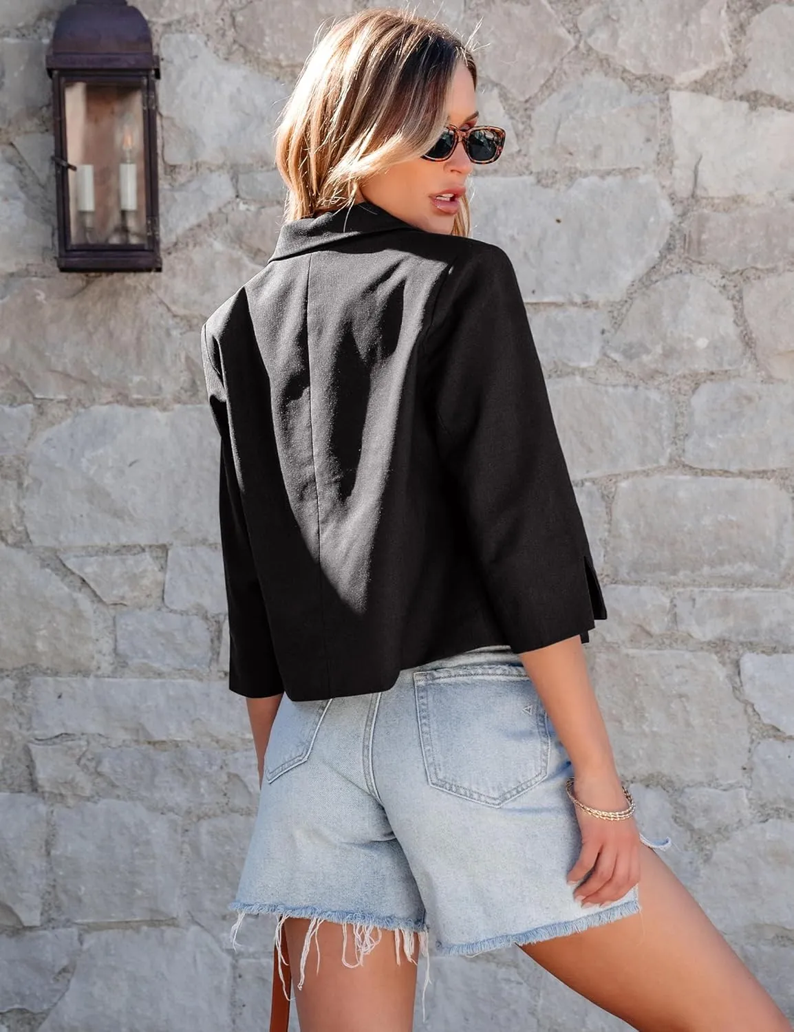 luvamia Linen Blazers for Women Business Casual Cropped 3/4 Sleeve Lightweight Lined Work Office Suit Blazer Jackets