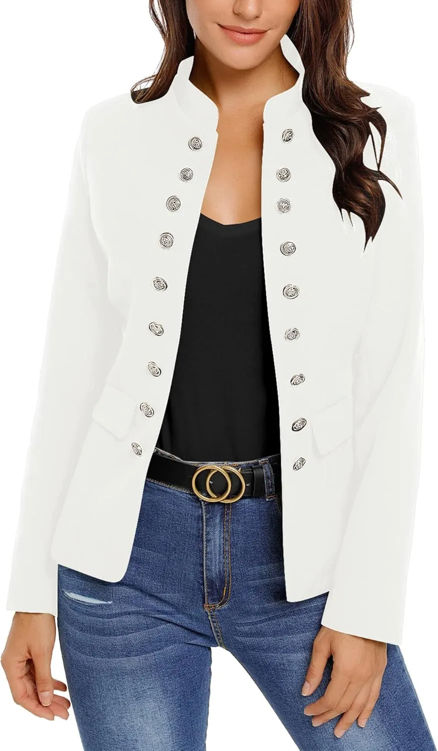 luvamia Women's Open Front Long Sleeves Work Blazer Casual Buttons Jacket Suit