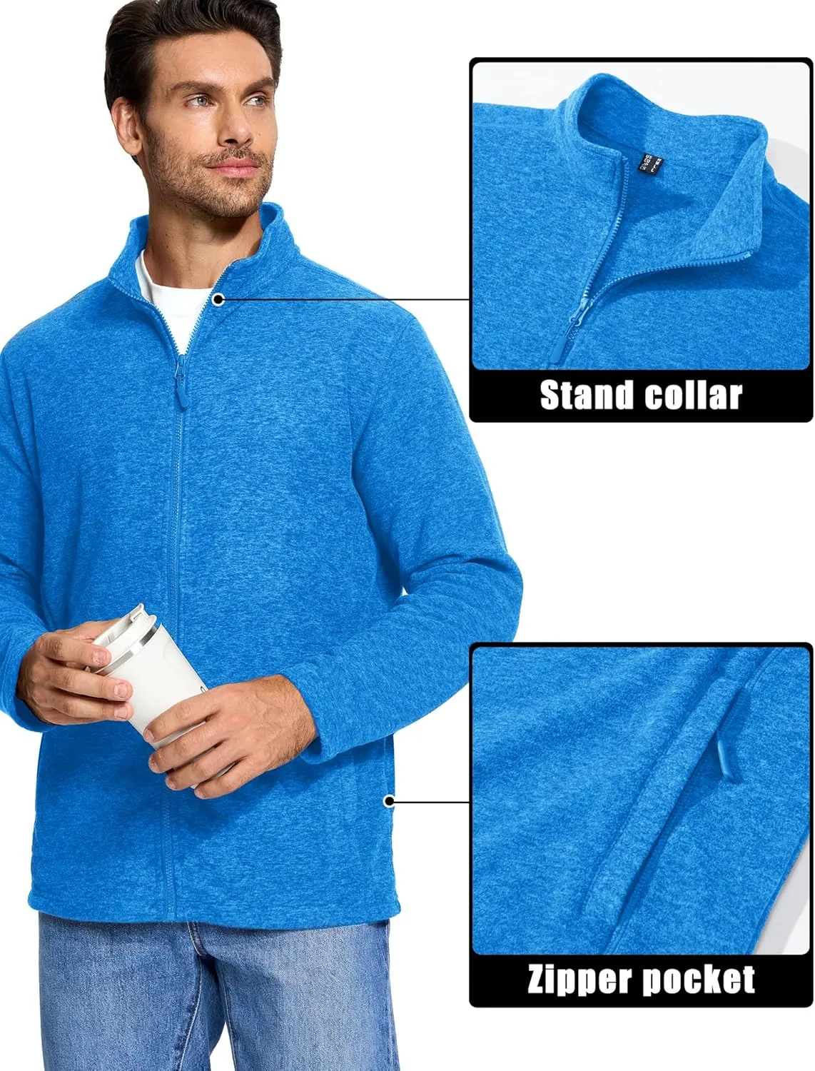 MAGCOMSEN Men's Fleece Full Zip Jacket Lightweight Stand Collar Jackets Soft Warm Windproof Casual Coats with Zipper Pockets