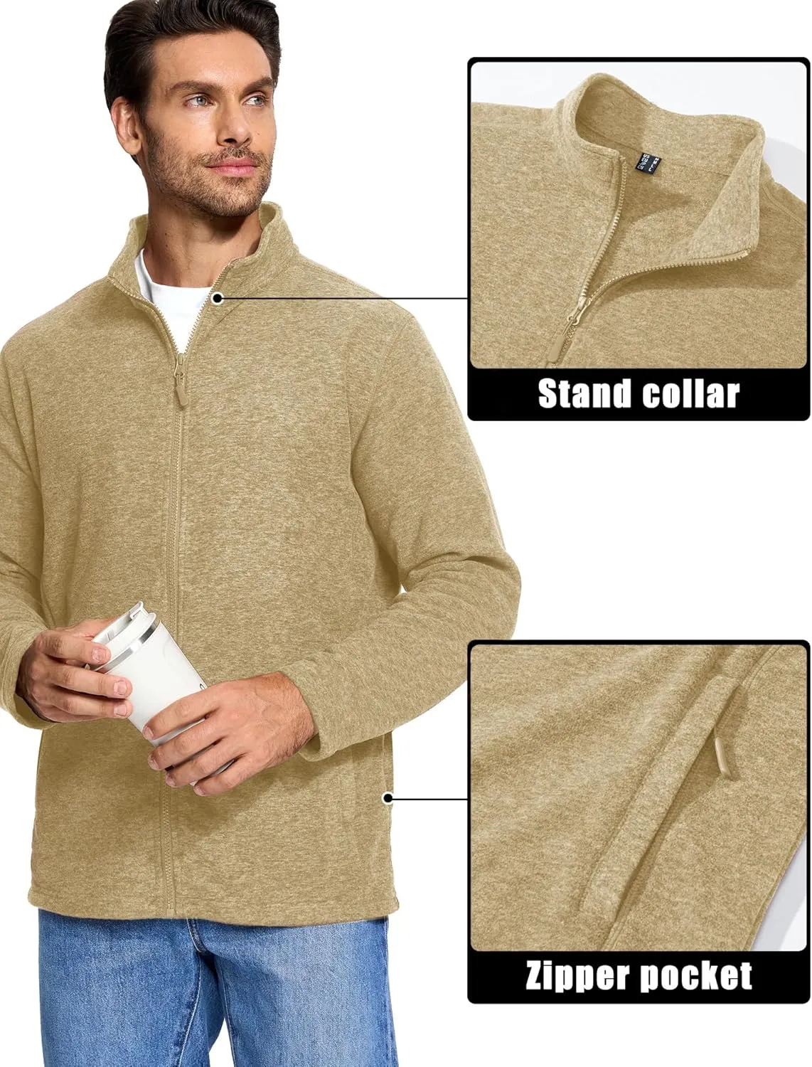 MAGCOMSEN Men's Fleece Full Zip Jacket Lightweight Stand Collar Jackets Soft Warm Windproof Casual Coats with Zipper Pockets